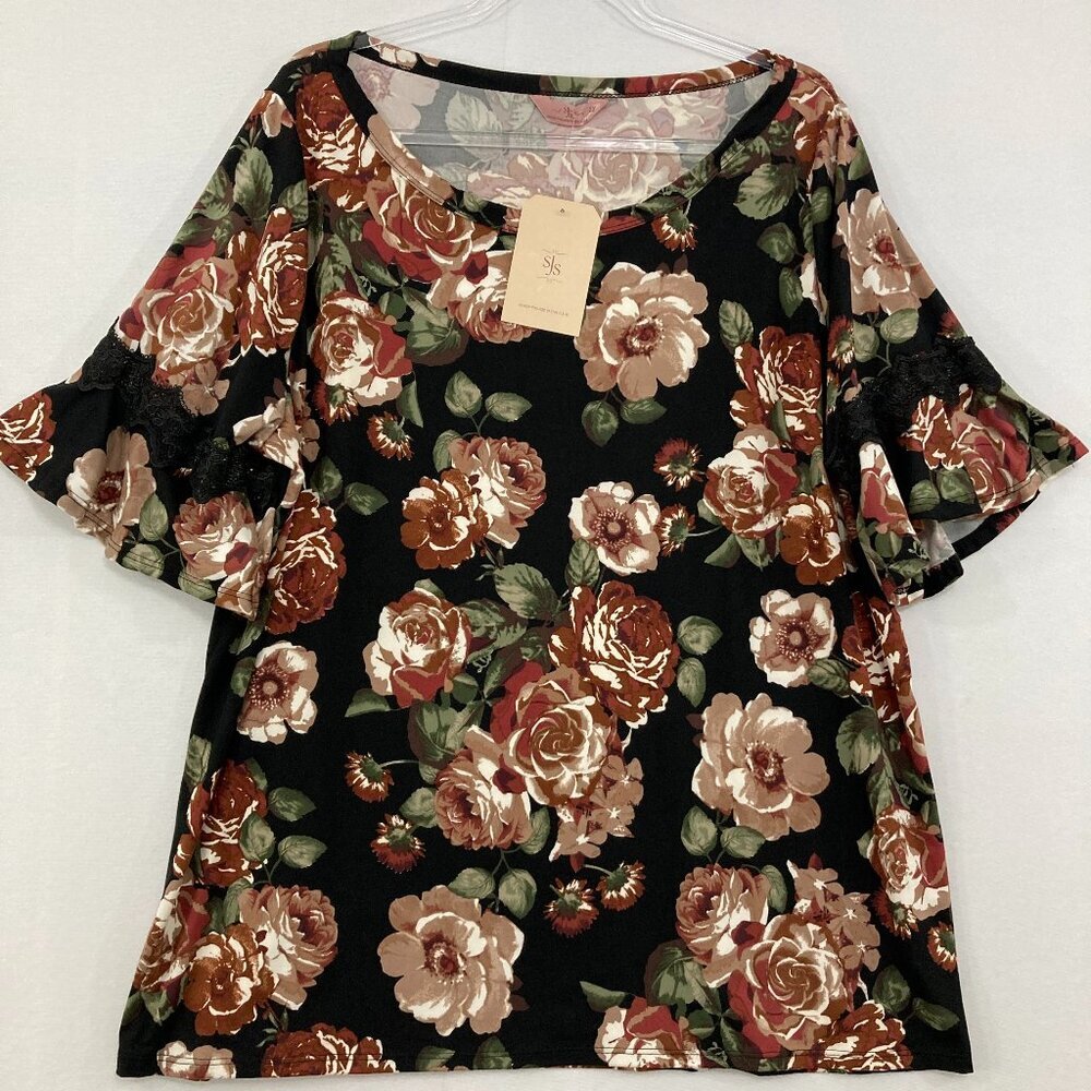 New SJS‎ size 2X Dark Floral Ruffle Sleeve Soft Stretch Feminine Blouse Casual